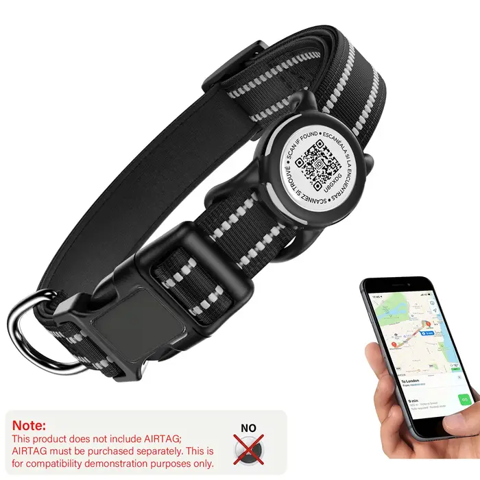 Collier pour chien étanche avec support AirTag et code QR, rembourré et réfléchissant, avec boucle d
