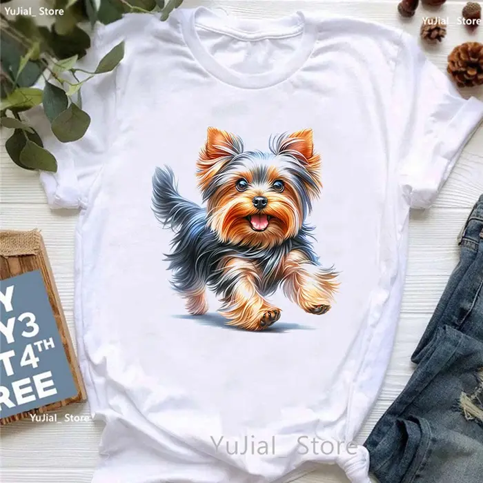 T-shirt imprimé animal Yorkshire Terrier pour femmes, T-shirt femme, vêtements Kawaii, Harajuku, fle