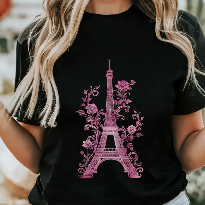 T-shirt Tour Eiffel Paris Rose Floral Vintage Cadeau Souvenir Français Vêtements Femme Mode