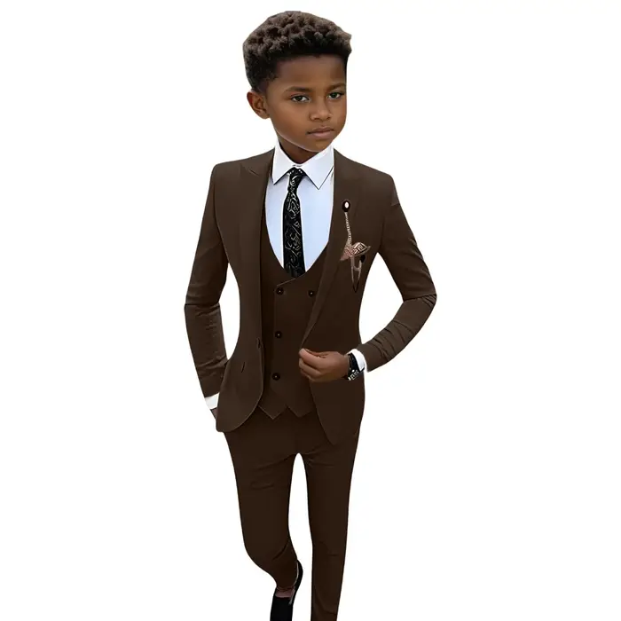 Ensemble de smoking marron à col châle pour enfants de 3 à 14 ans, costume élégant à un bouton pour 