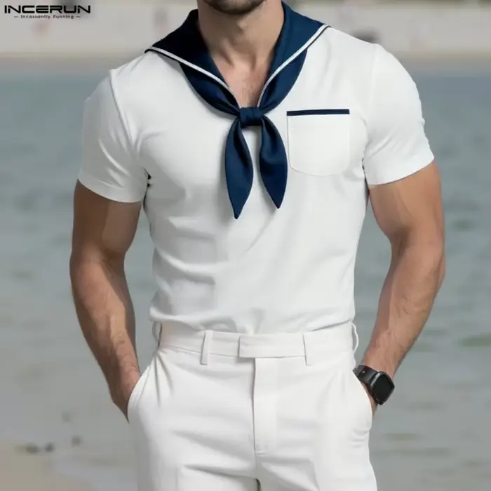 INCERUN hommes t-shirt Patchwork été col marine à manches courtes hommes t-shirt hauts Streetwear 20