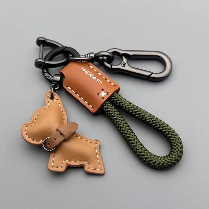 Porte-clés bouledogue français en cuir véritable fait à la main, porte-clés en corde tressée avec sa