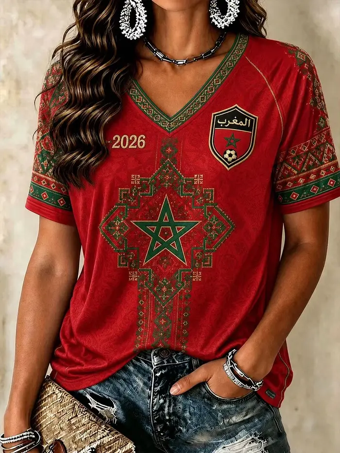 T-shirt de football rouge de l'équipe nationale du Maroc 2026, vêtement de sport à col en V pour femmes, hommes et filles avec motif script et étoile, nouvelle collection 2026