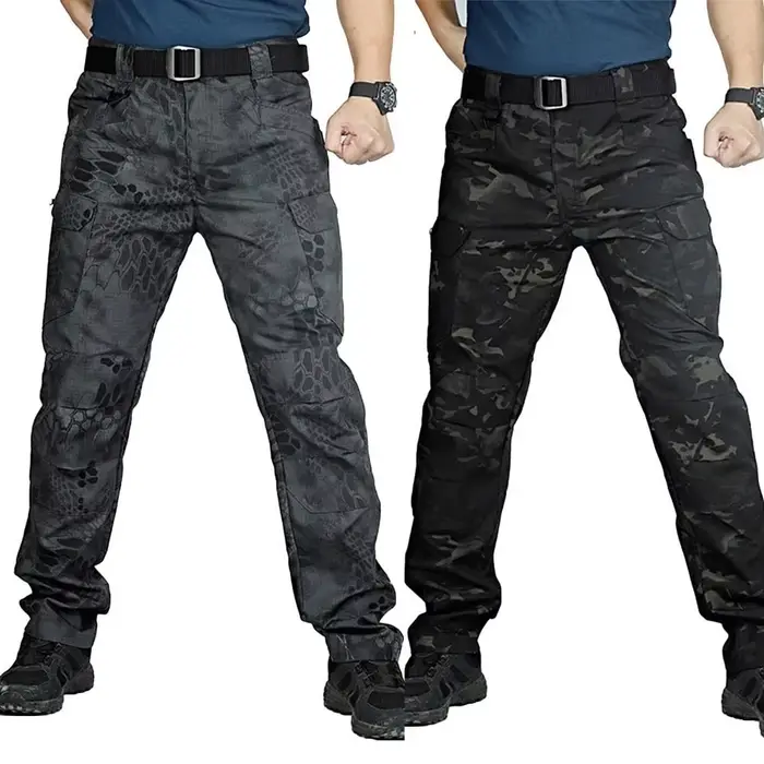Pantalon cargo camouflage noir homme chasse - Trousers tactiques multi-poches séchage rapide - Pour randonnée et trekking