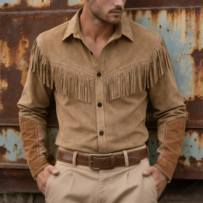 Costume de cowboy pour hommes, chemises de cowboy, cardigan décontracté en daim imitation avec frang