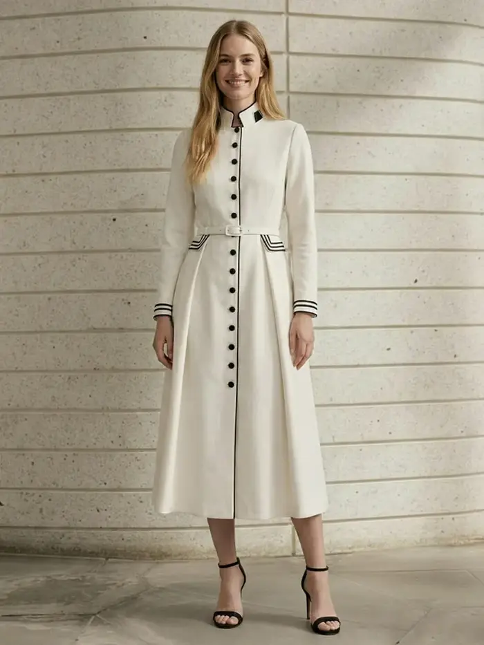 Robe plissée élégante Freeacy pour femme, col mandarin, ceinture, manches longues, coupe trapèze, pr