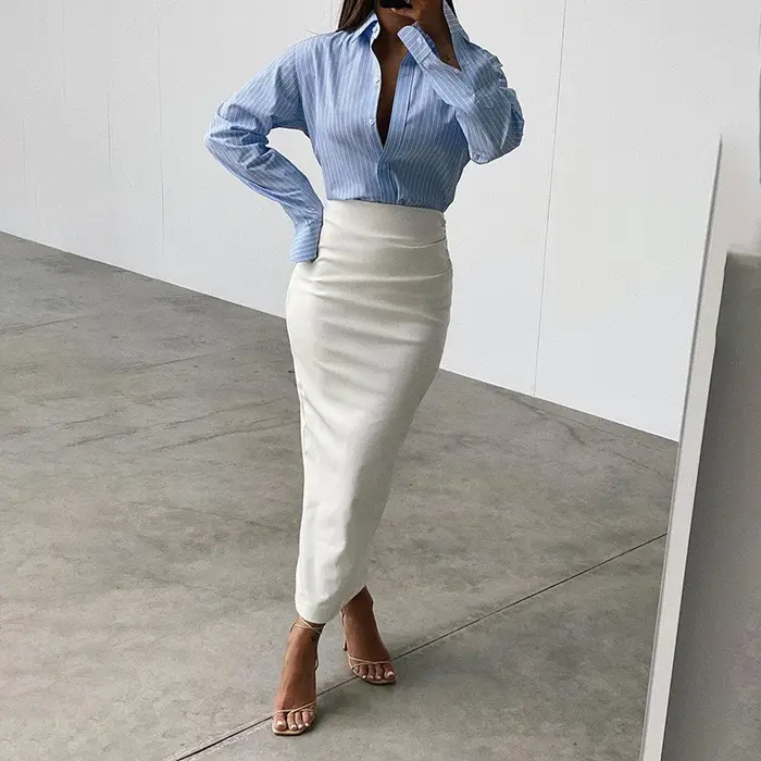 Jupe longue taille haute en cuir pour femmes, jupe moulante sexy, fente pour documents, noir et blan
