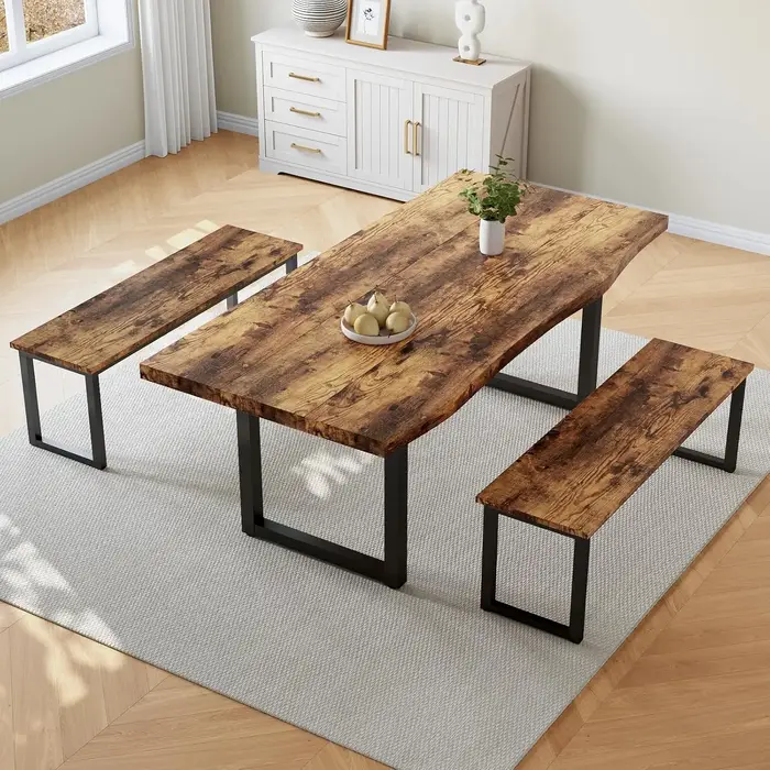 Table à manger en MDF épaissi de 63 pouces avec 2 bancs, ensemble de cuisine moderne pour 4 à 6 pers