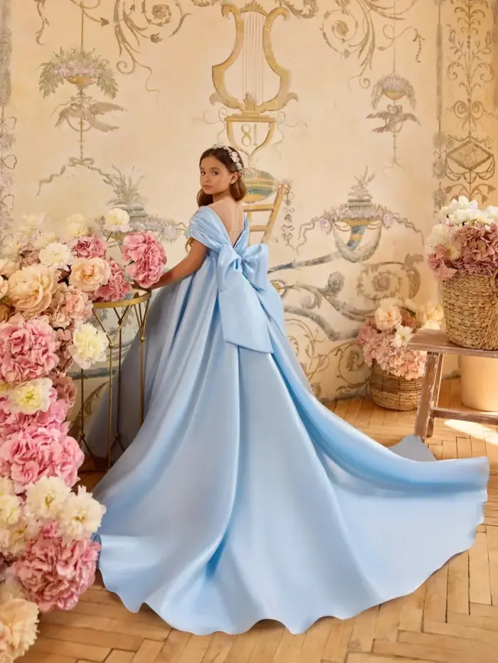 Robe longue de princesse en satin bleu clair pour enfants, tenue de fête d'anniversaire, épaules dén