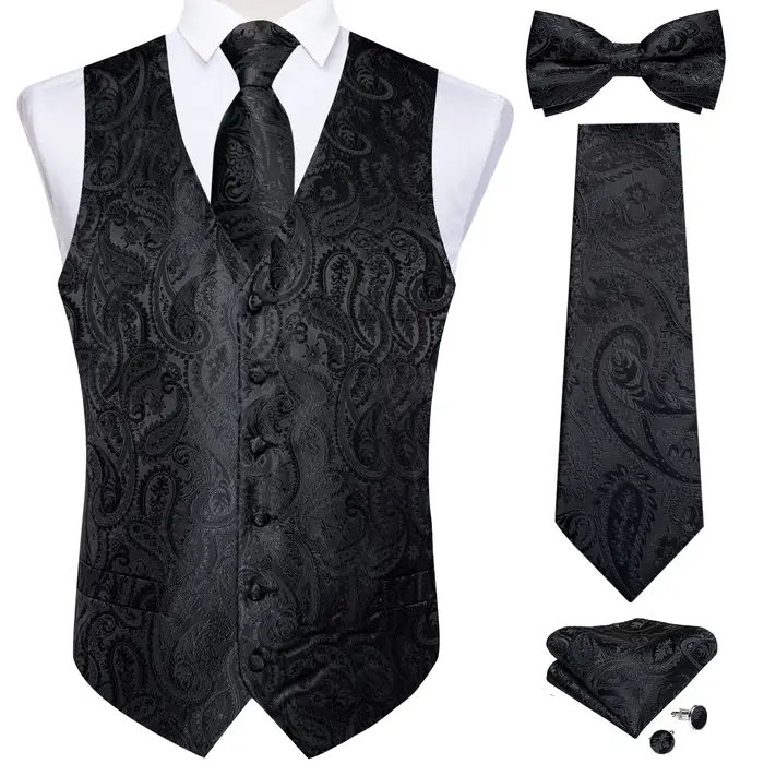 Gilet de costume Paisley noir solide pour hommes, avec cravate, nœud papillon, mouchoir, boutons de 