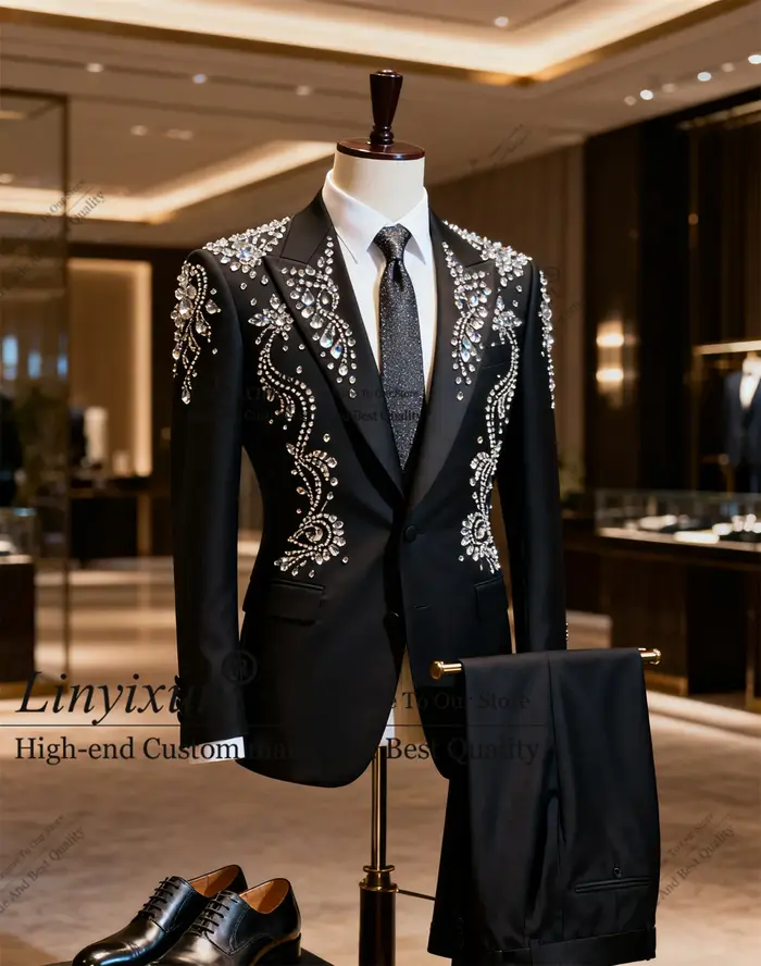 Costumes de luxe pour hommes, strass et cristaux, ensembles de 2 pièces, blazer pour marié, Tuxedos 