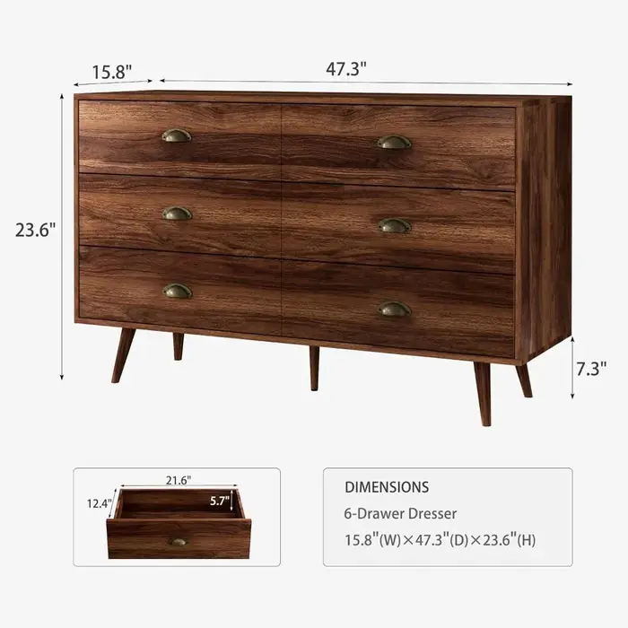 Commode en noyer brun pour chambre à coucher, commode à 6 tiroirs avec larges tiroirs et boutons en 