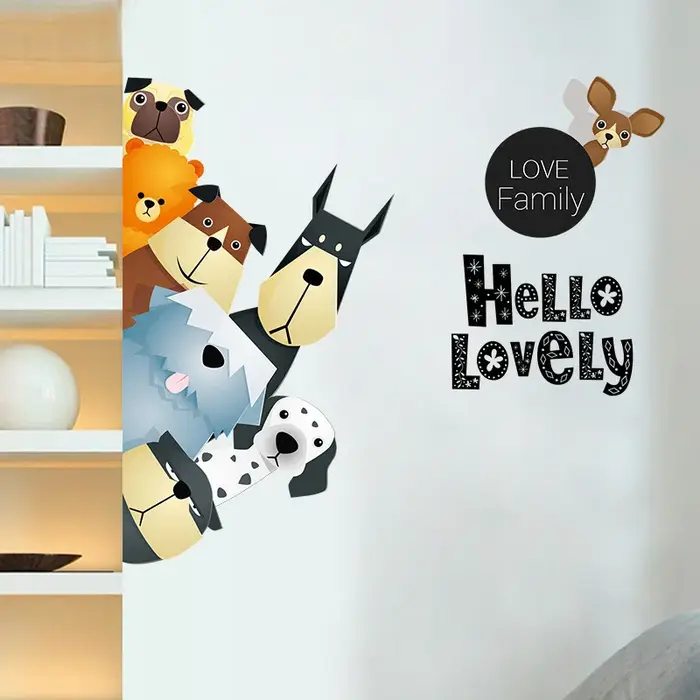 Autocollant mural 3D en forme de chien, animaux mignons de dessin animé, pour chambre d'enfant, auto