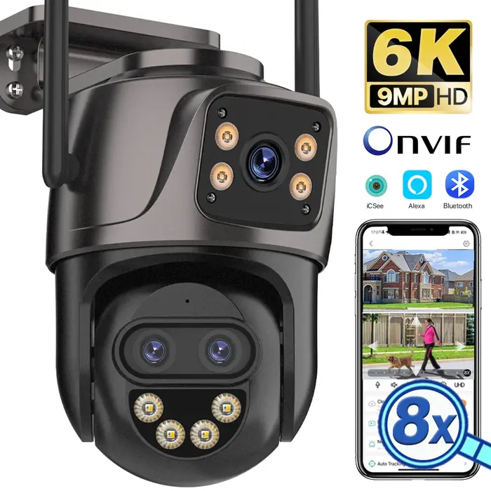 Caméra IP extérieure 6K 9MP triple objectif - Surveillance PTZ WiFi avec suivi automatique iCSee