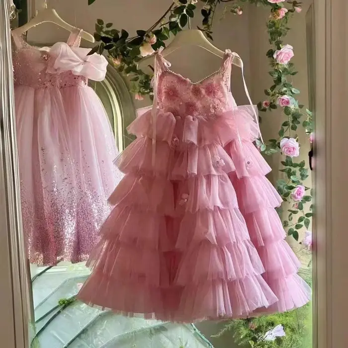 Robe d'été moelleuse sans manches pour filles, jupe longue en Tulle doux, belle tenue de princesse p