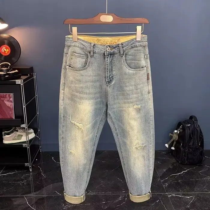 Jean pour homme 2025 printemps automne petits jeans déchirés pantalons Vintage pour hommes marque à 