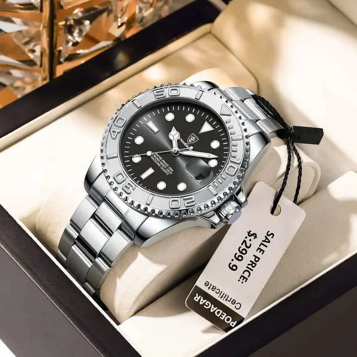 Montre homme luxe POEDAGAR étanche sport acier inoxydable - Montre quartz avec date lumineuse cadeau homme