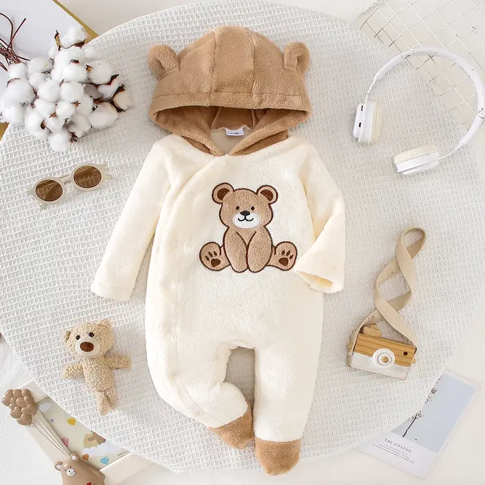 Automne hiver bébé ours Onesie avec chapeau tissu en peluche doux chaud mignon coussin chauffant ave