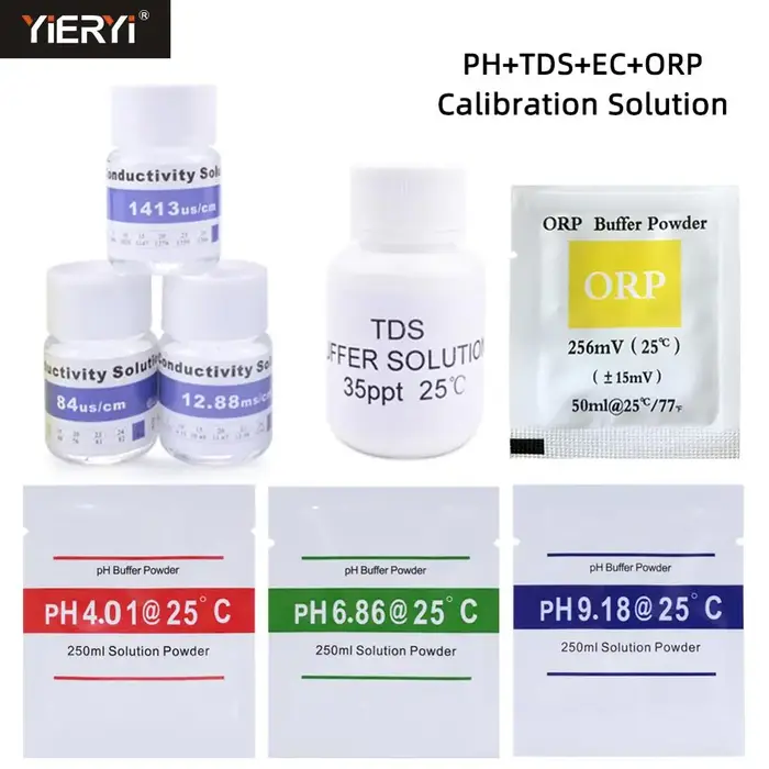 Poudre tampon de poudre d'étalonnage PH & ORP 25ml 84us/cm 1413us/cm 12.88ms/cm 35PPT 1382 solution 
