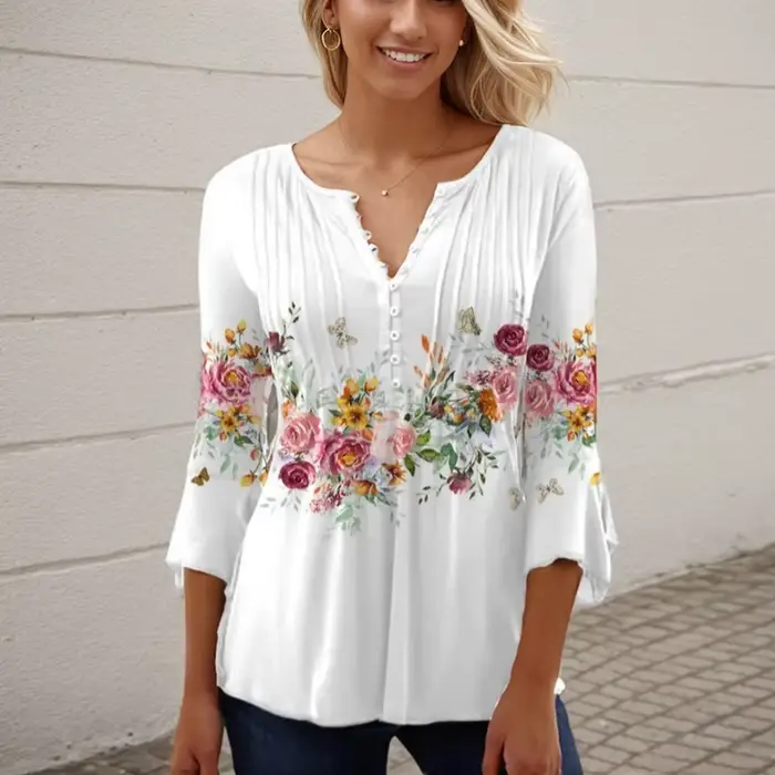 Chemisier à manches courtes et col en V pour femmes, chemise imprimée de fleurs 3D, pull boutonné, h