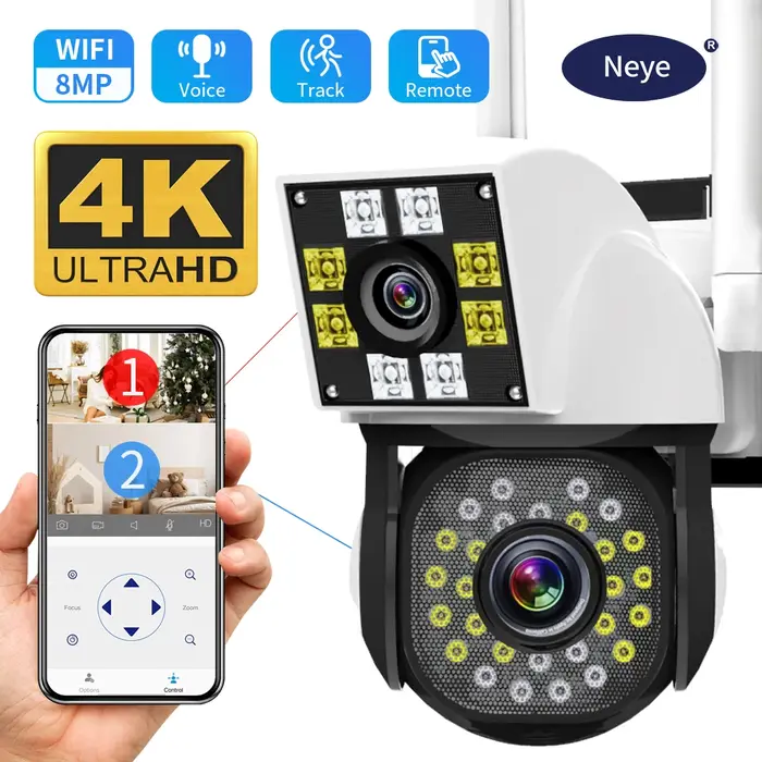Caméra WiFi sans fil 4K 8MP double objectif double écran extérieure maison surveillance IP CCTV