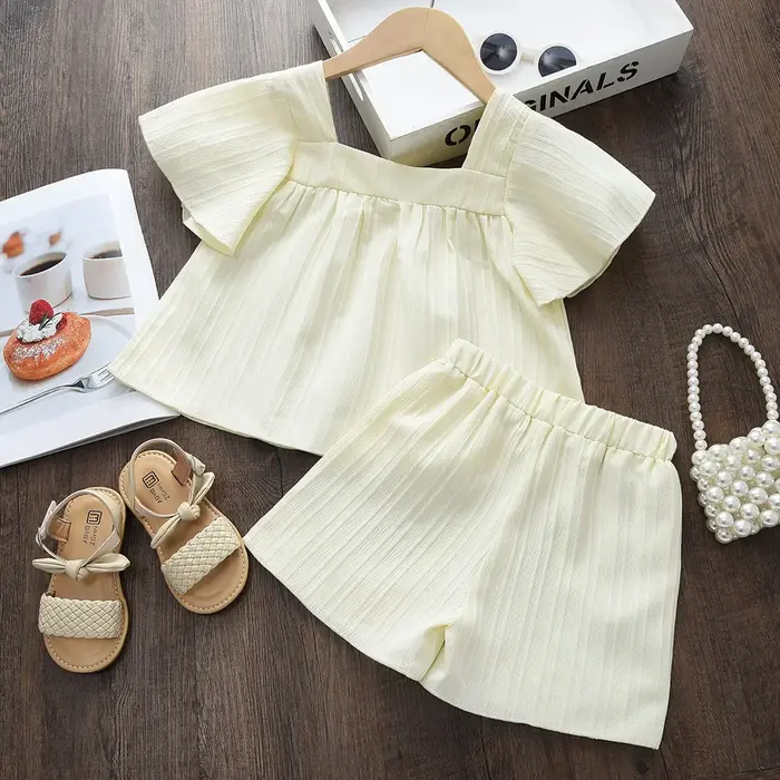Costume pour enfants, Style vacances, couleur unie, broderie de fleurs, col carré, haut à manches co