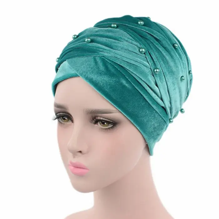 Écharpe turban en velours chaud pour femme, écharpe de sauna à perles, bonnet, chapeau africain et i