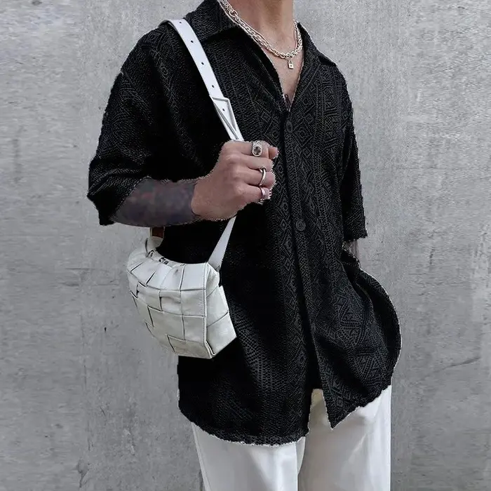 Vêtements d'été pour hommes maille voir à travers maille chemise Sexy à manches courtes résille bout