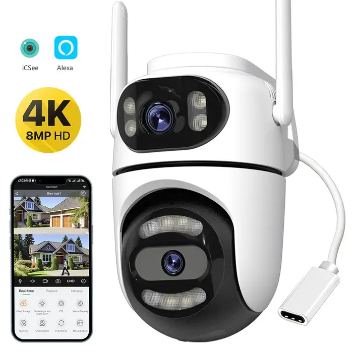 Caméra PTZ 8MP 4K WiFi - Surveillance extérieure avec double objectif, tracking IA et application iCsee