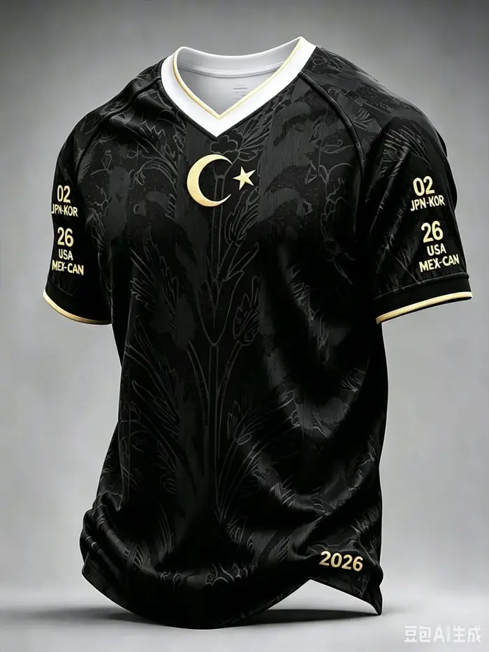 Nouveau Maillot de Foot Turquie 2026 Noir Imprimé Croissant d'Or Étoile Col V Manches Courtes Haut U