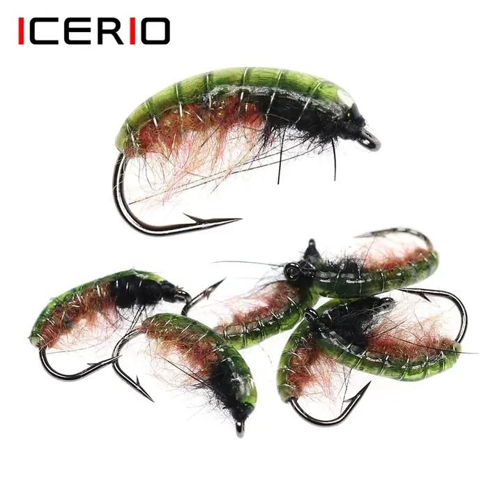 ICERIO 6 pièces UV vert dos nymphe Scud Bug ver mouches avec crochet barbelé pêche à la truite mouch