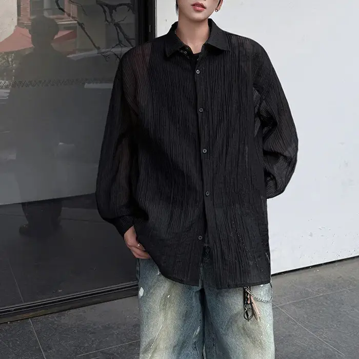 Chemise extérieure transparente en soie glacée pour hommes, Streetwear, mode personnalité légère, sé