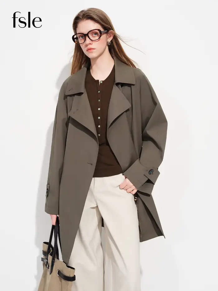 Manteau Trench Mi-Long Décontracté Kaki pour Femme FSLE Printemps 2026 - Style Britannique Double Bo