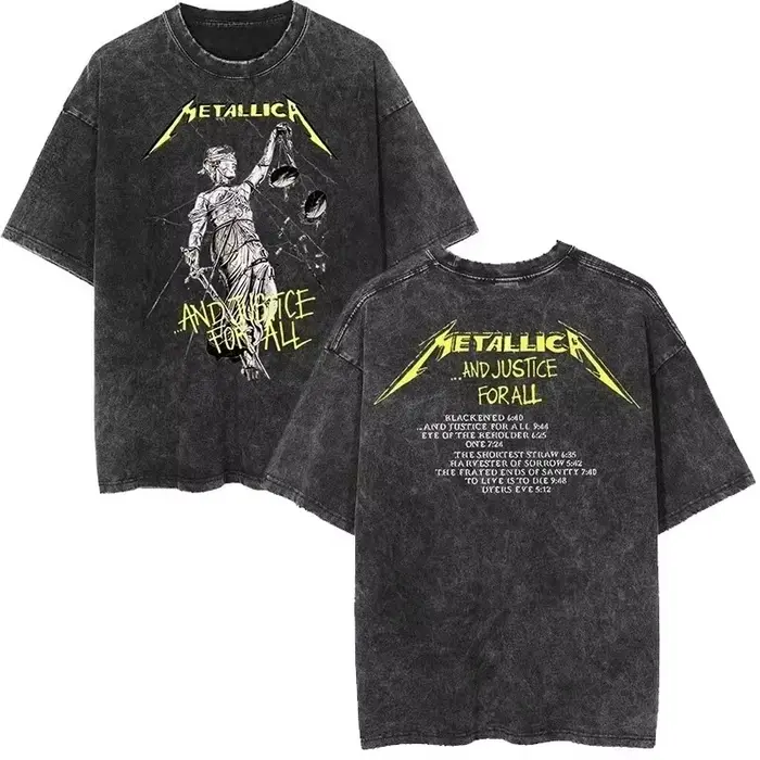 T-shirt unisexe à manches courtes Metallica style rock, motif punk urbain, 100 % coton, délavé, coll