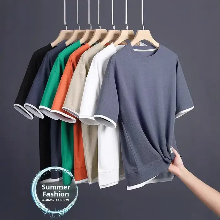 T-shirt décontracté à manches courtes et col rond en soie glacée Rui Tong pour homme