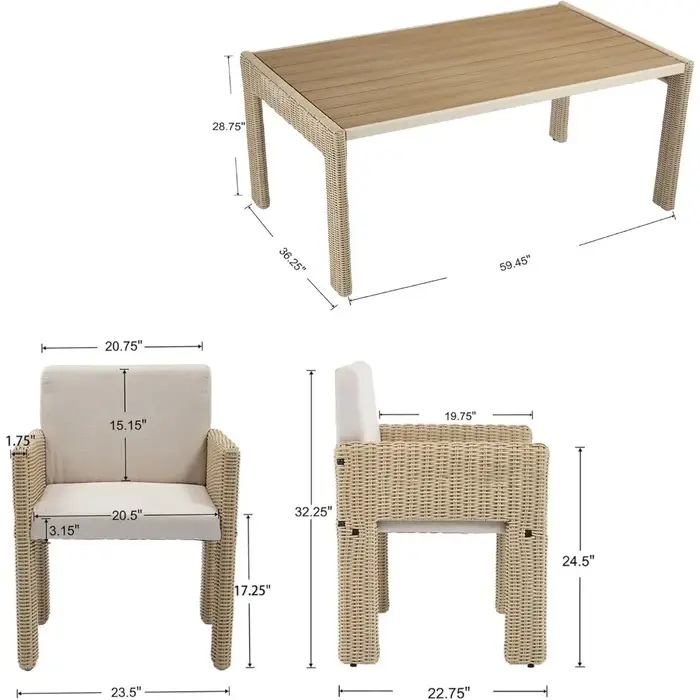 Ensemble de salle à manger d'extérieur en osier pour 4, ensemble de salle à manger de patio rembourr