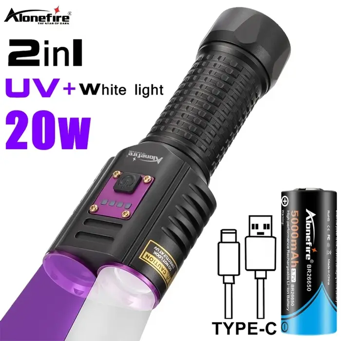 Lampe de poche 2 en 1 20W UV + lumière blanche, haute puissance, 365nm, chargeur USB, lumière noire,