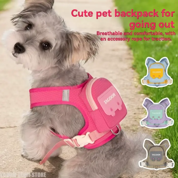 Harnais pour chien avec sac à dos et laisse - Gilet de voyage pour animaux de compagnie avec sac de rangement amovible