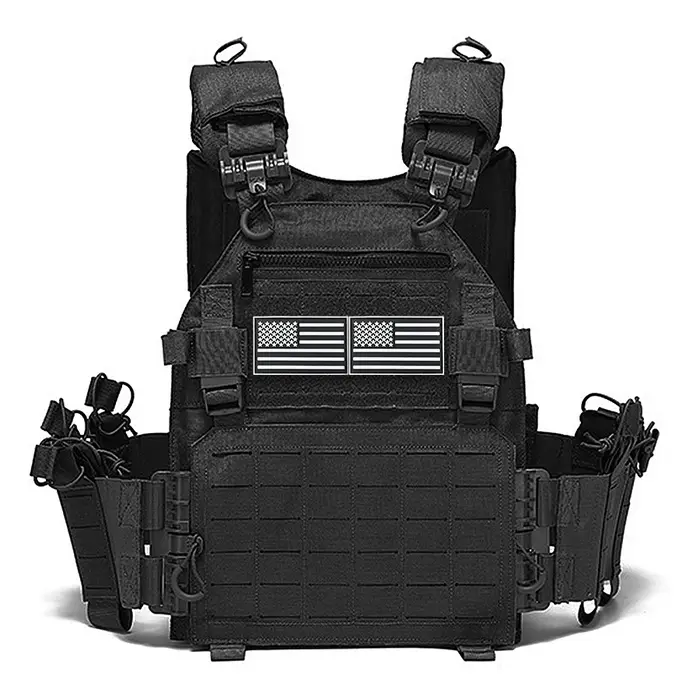 Gilet de chasse multifonctionnel noir avec autocollant drapeau national, adapté aux sports de plein 