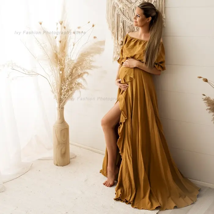 Robe de grossesse bohème fendue sur le côté, bord à volants, Vintage, confortable, en lin, Style Boh
