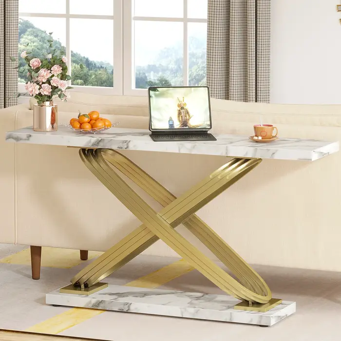 Tribesigns-Table console moderne de 55 pouces, table d'entrée en faux marbre doré derrière le canapé