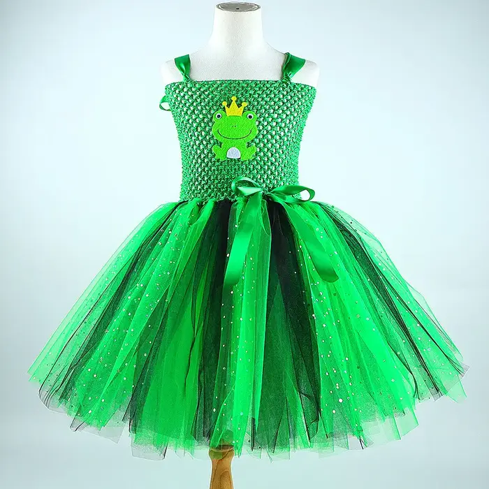 Robes de princesse grenouille verte scintillante pour petites filles, déguisement d'anniversaire pou