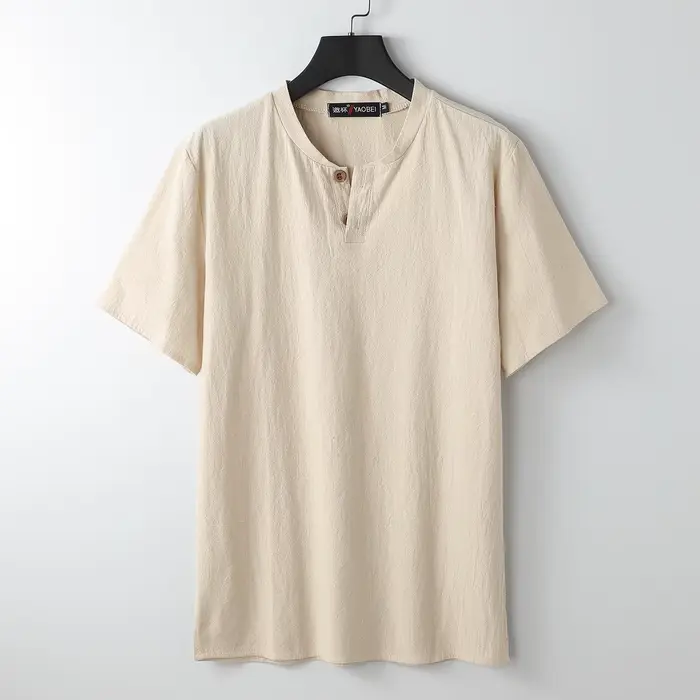 T-shirts en coton et lin à manches courtes pour hommes, grande taille, mode estivale, couleur unie, 