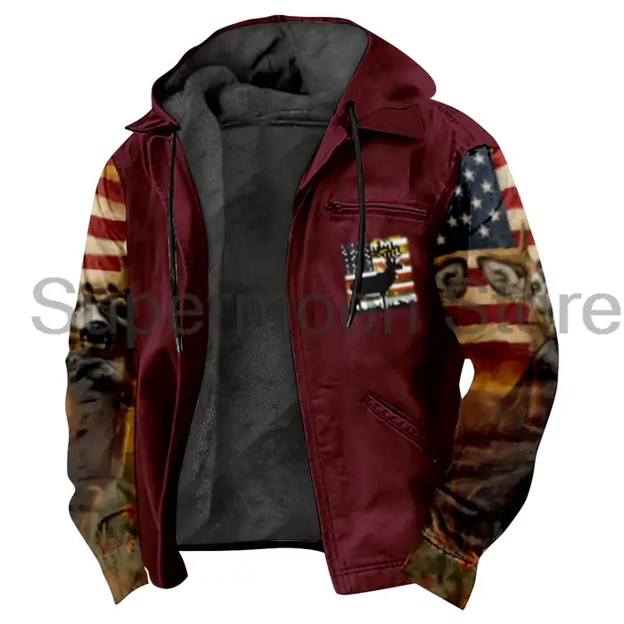 Veste de chasse pour hommes, manteau drapeau américain cerf, sweat à capuche avec fermeture éclair, 