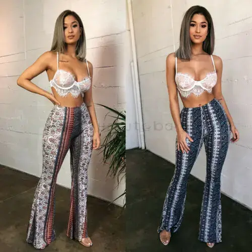 Rétro ChimSlim Casual Street Hiphelicopter Femmes Boho Imprimer Long Pantalon Taille Haute Évasé Jam