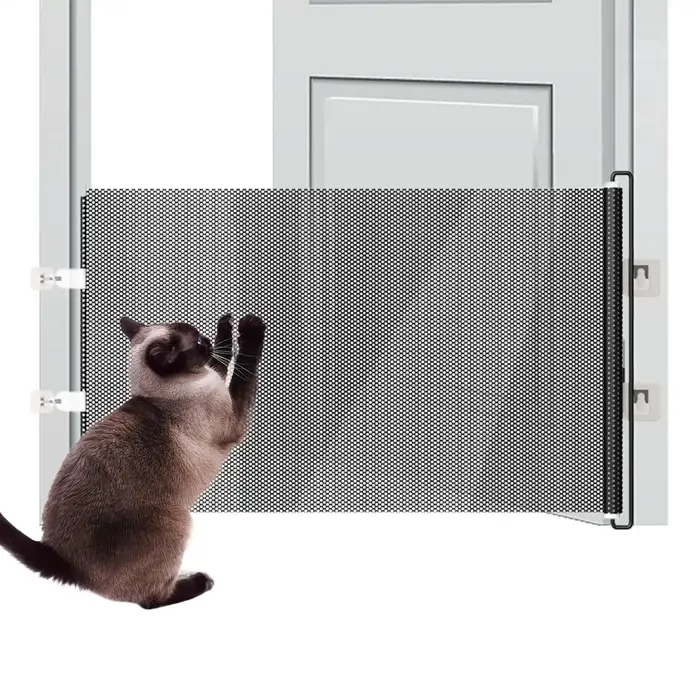 Barrière anti-chat rétractable en plastique pour sécurité animaux de compagnie et bébés, adaptable à différents espaces intérieurs et extérieurs, facile à installer et ranger