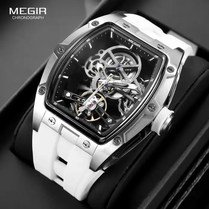 Montre mécanique automatique MEGIR pour homme avec cadran squelette et bracelet silicone étanche sport