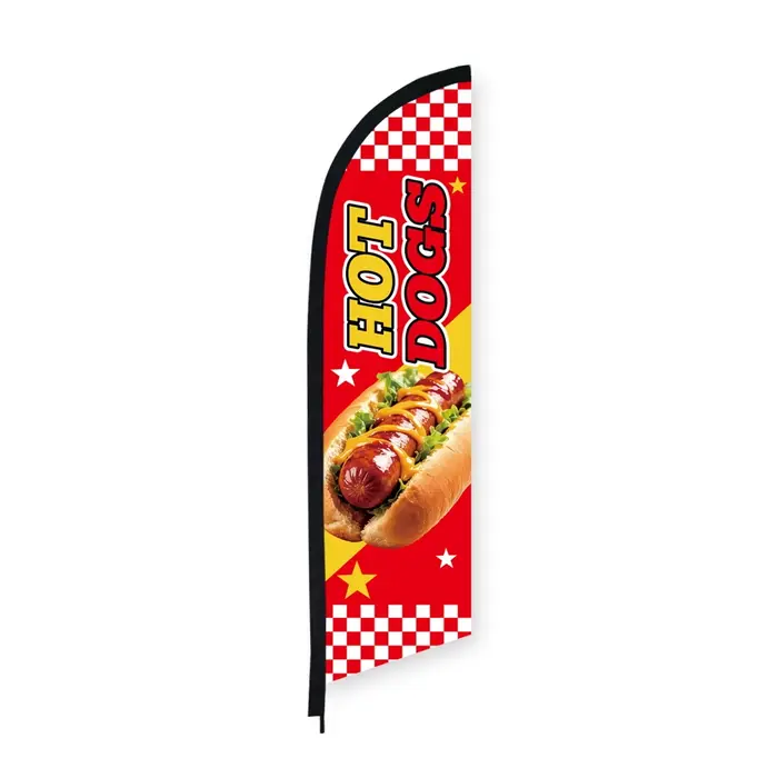 Drapeau plume HOT DOGS avec motif pain et saucisse, bannière pour fast-food et snack-bar, publicité 