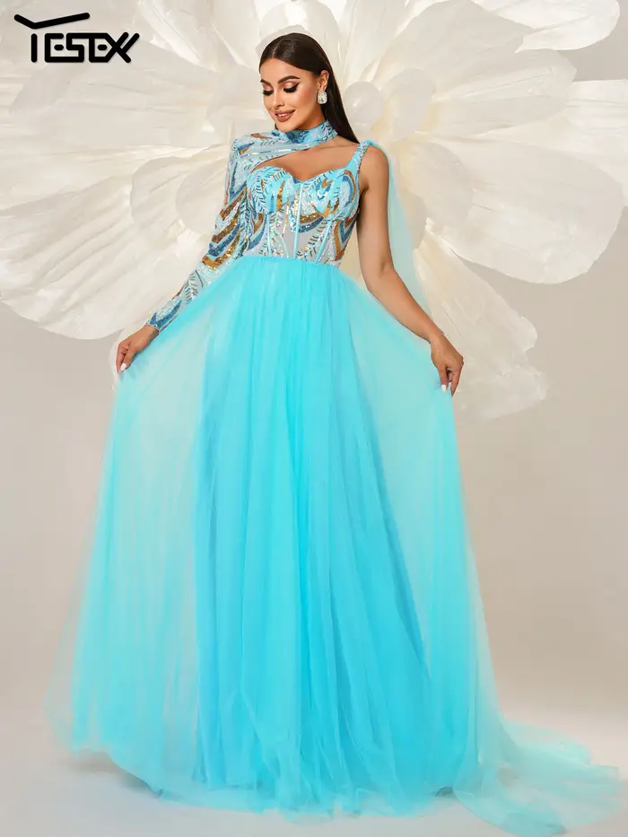 Robe de soirée asymétrique en tulle bleu Yesexy 2025, nouvelle collection, pour mariage, anniversair