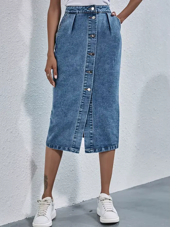 Benuynffy-Jupe en jean droite à boutonnage simple pour femme, longueur au genou, streetwear décontra